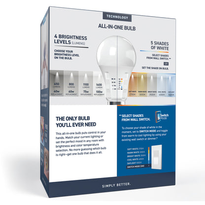 40/60/75/100W Replacement A19 Adjustable Brightness 5 Shades + Switch Mode Medium E26 Base Dimmable LED Light Bulb (4-Pack)