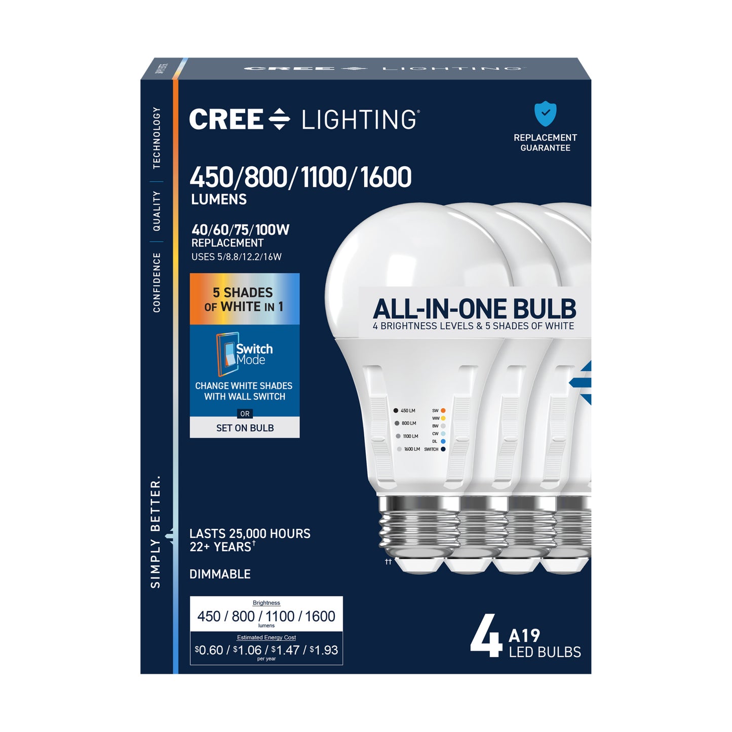 40/60/75/100W Replacement A19 Adjustable Brightness 5 Shades + Switch Mode Medium E26 Base Dimmable LED Light Bulb (4-Pack)