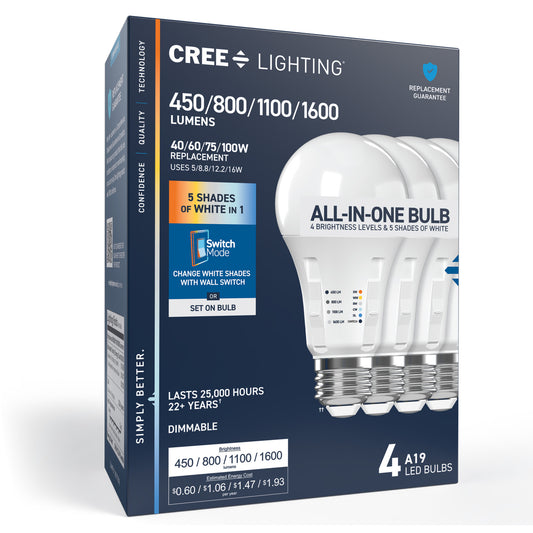 40/60/75/100W Replacement A19 Adjustable Brightness 5 Shades + Switch Mode Medium E26 Base Dimmable LED Light Bulb (4-Pack)