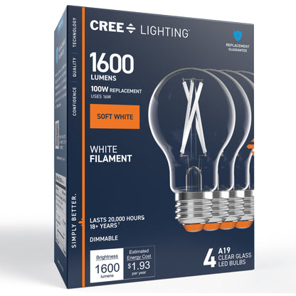 100W Replacement A19 White Filament Soft White Medium E26 Base Dimmable LED Light Bulb (4-Pack)