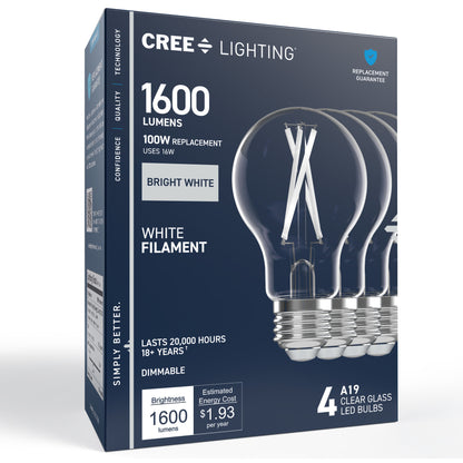 100W Replacement A19 White Filament Bright White Medium E26 Base Dimmable LED Light Bulb (4-Pack)