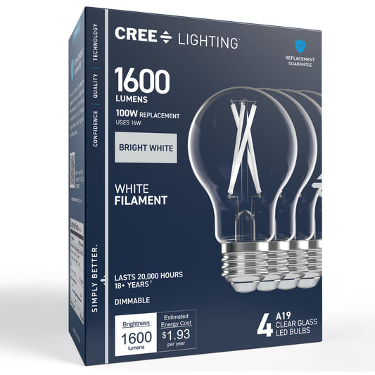 100W Replacement A19 White Filament Bright White Medium E26 Base Dimmable LED Light Bulb (4-Pack)