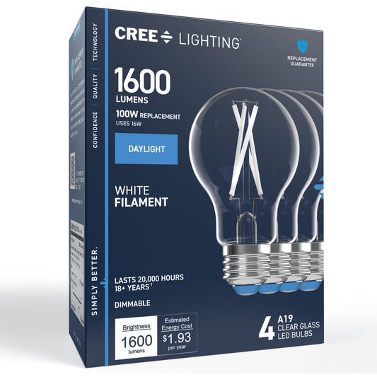 100W Replacement A19 White Filament Daylight Medium E26 Base Dimmable LED Light Bulb (4-Pack)