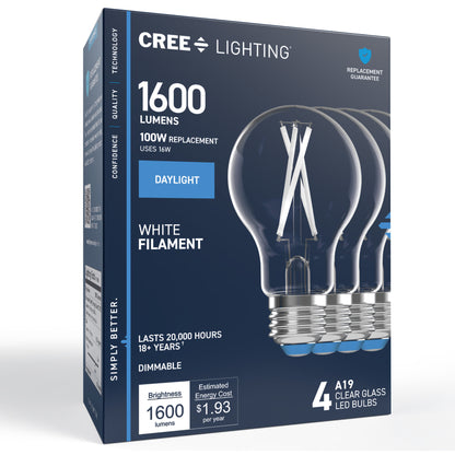 100W Replacement A19 White Filament Daylight Medium E26 Base Dimmable LED Light Bulb (4-Pack)