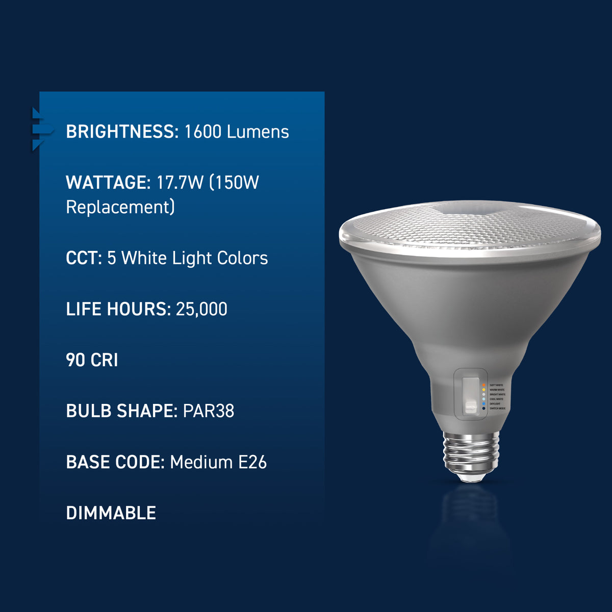 150W Replacement PAR38 Super Bright 5 Shades + Switch Mode Medium E26 Base Dimmable LED Light Bulb (2-Pack)