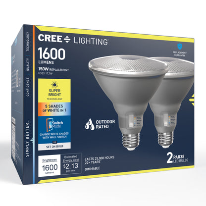 150W Replacement PAR38 Super Bright 5 Shades + Switch Mode Medium E26 Base Dimmable LED Light Bulb (2-Pack)