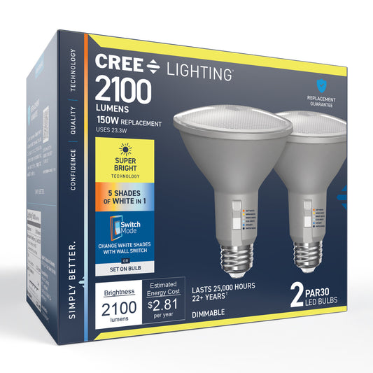150W Replacement PAR30 Super Bright 5 Shades + Switch Mode Medium E26 Base Dimmable LED Light Bulb (2-Pack)