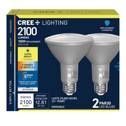 150W Replacement PAR30 Super Bright 5 Shades + Switch Mode Medium E26 Base Dimmable LED Light Bulb (2-Pack)