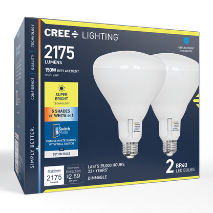 150W Replacement BR40 Super Bright 5 Shades + Switch Mode Medium E26 Base Dimmable LED Light Bulb (2-Pack)