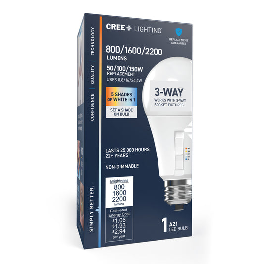 50/100/150W Replacement A21 Adjustable Brightness Switchable White Medium E26 Base Non-Dimmable LED Light Bulb