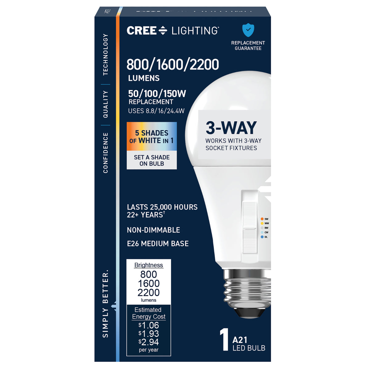 50/100/150W Replacement A21 Adjustable Brightness Switchable White Medium E26 Base Non-Dimmable LED Light Bulb