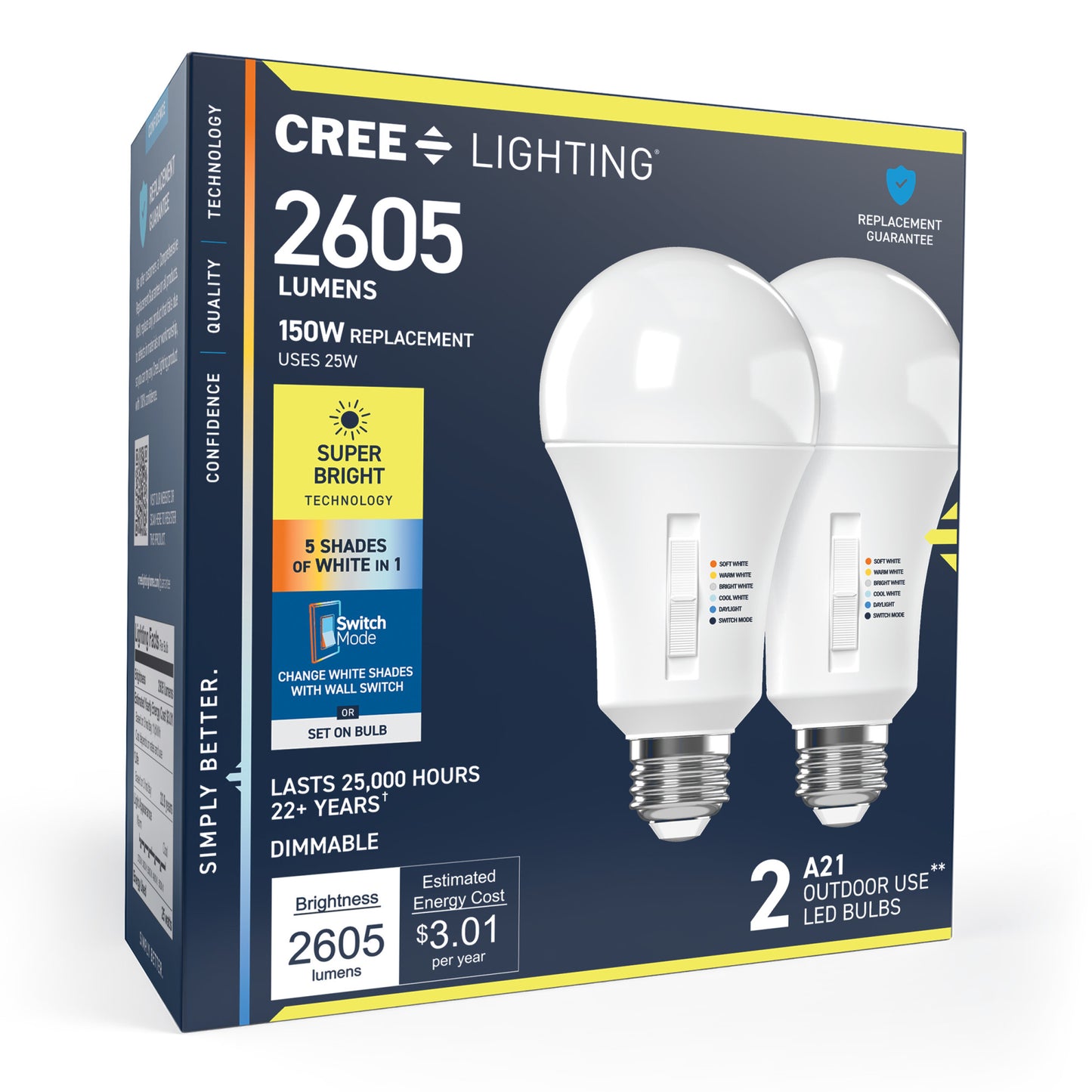 150W Replacement A21 Super Bright 5 Shades + Switch Mode Medium E26 Base Dimmable LED Light Bulb (2-Pack)