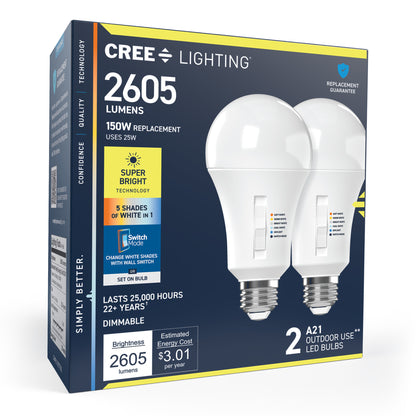 150W Replacement A21 Super Bright 5 Shades + Switch Mode Medium E26 Base Dimmable LED Light Bulb (2-Pack)