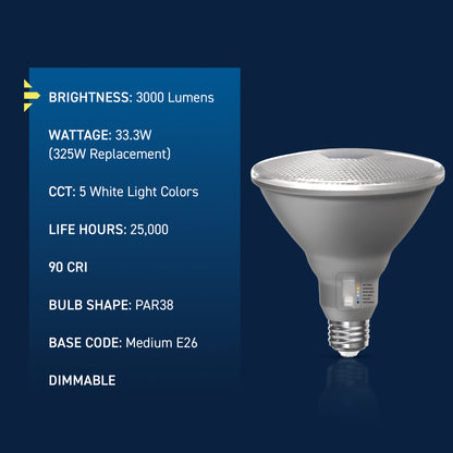 325W Replacement PAR38 Super Bright 5 Shades + Switch Mode Medium E26 Base Dimmable LED Light Bulb