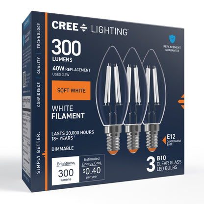 40W Replacement B10 White Filament Soft White Candelabra E12 Base Dimmable LED Light Bulb (3-Pack)