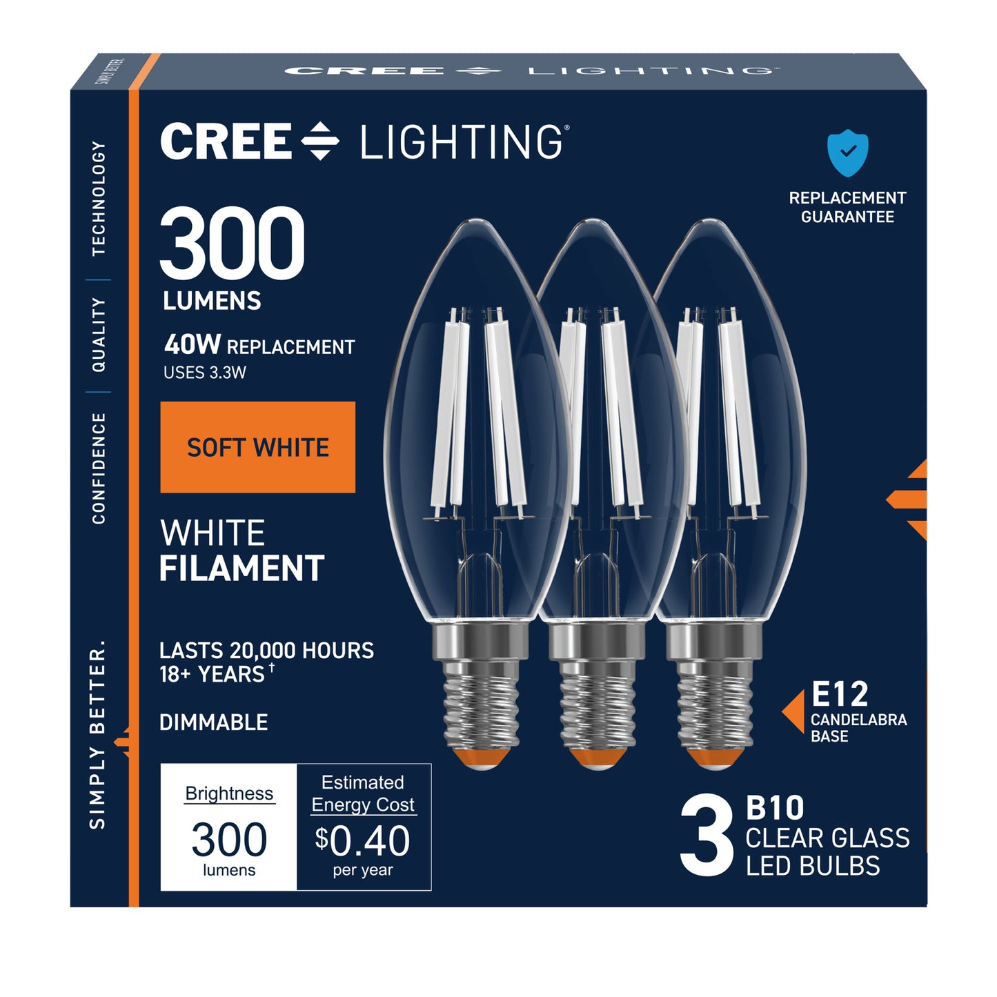 40W Replacement B10 White Filament Soft White Candelabra E12 Base Dimmable LED Light Bulb (3-Pack)