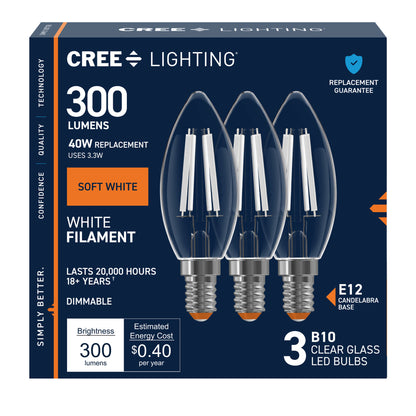 40W Replacement B10 White Filament Soft White Candelabra E12 Base Dimmable LED Light Bulb (3-Pack)
