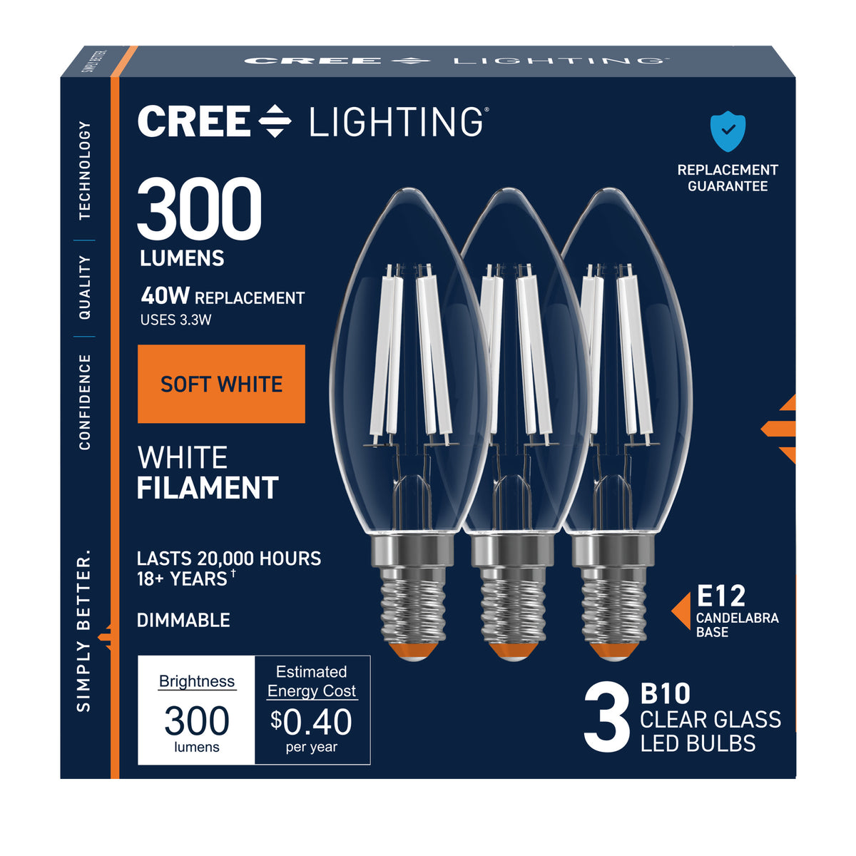 40W Replacement B10 White Filament Soft White Candelabra E12 Base Dimmable LED Light Bulb (3-Pack)