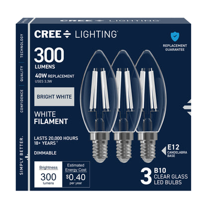 40W Replacement B10 White Filament Bright White Candelabra E12 Base Dimmable LED Light Bulb (3-Pack)