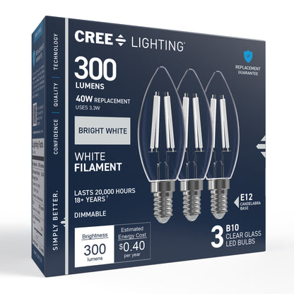 40W Replacement B10 White Filament Bright White Candelabra E12 Base Dimmable LED Light Bulb (3-Pack)