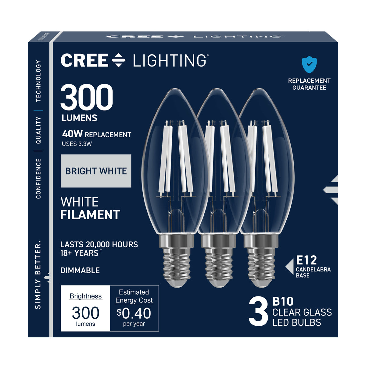 40W Replacement B10 White Filament Bright White Candelabra E12 Base Dimmable LED Light Bulb (3-Pack)