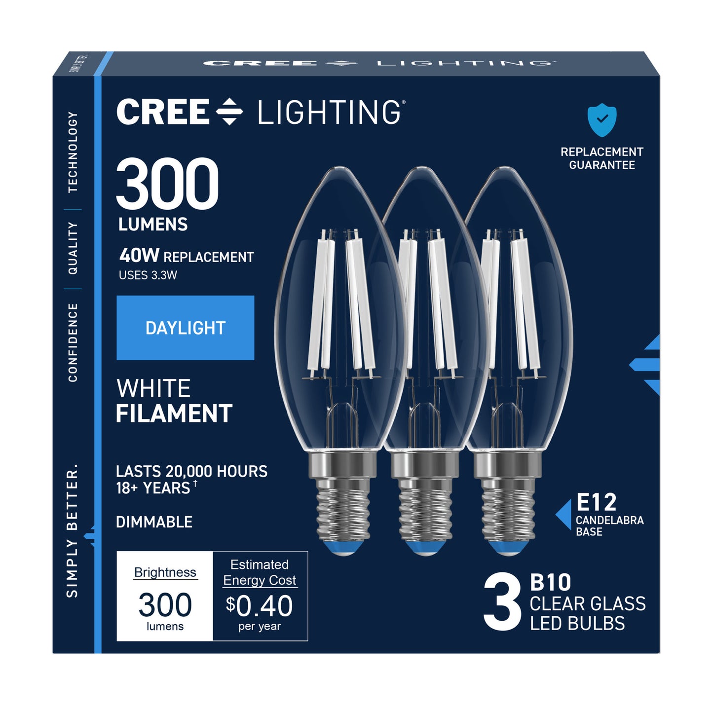 40W Replacement B10 White Filament Daylight Candelabra E12 Base Dimmable LED Light Bulb (3-Pack)