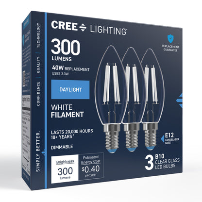 40W Replacement B10 White Filament Daylight Candelabra E12 Base Dimmable LED Light Bulb (3-Pack)
