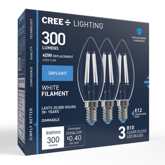 40W Replacement B10 White Filament Daylight Candelabra E12 Base Dimmable LED Light Bulb (3-Pack)
