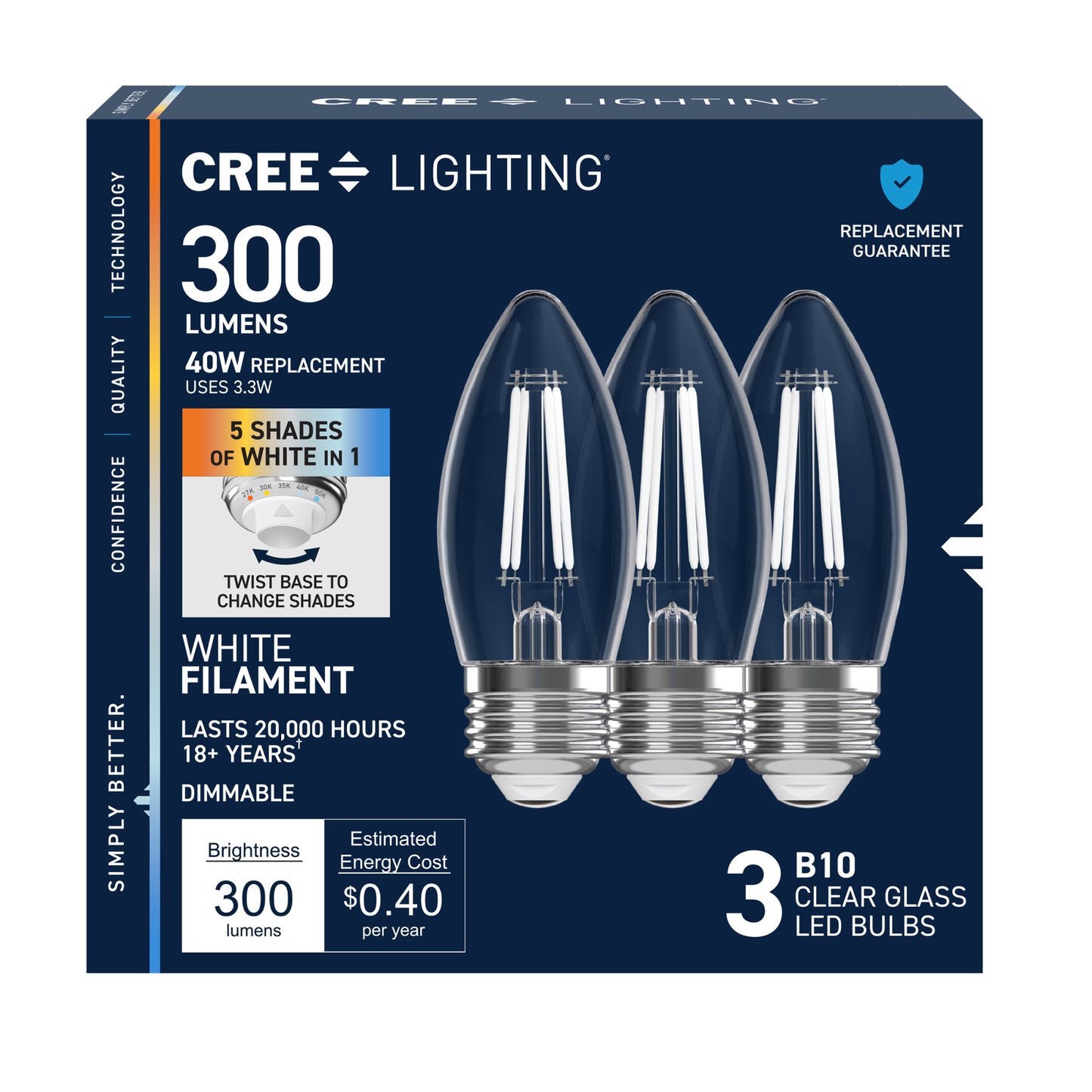 40W Replacement B10 White Filament Switchable White Medium E26 Base Dimmable LED Light Bulb (3-Pack)