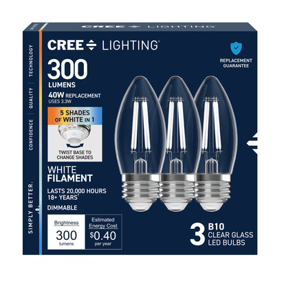 40W Replacement B10 White Filament Switchable White Medium E26 Base Dimmable LED Light Bulb (3-Pack)