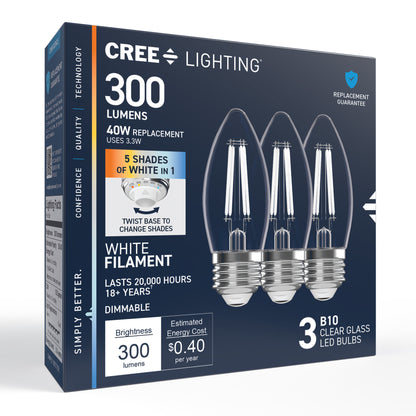 40W Replacement B10 White Filament Switchable White Medium E26 Base Dimmable LED Light Bulb (3-Pack)