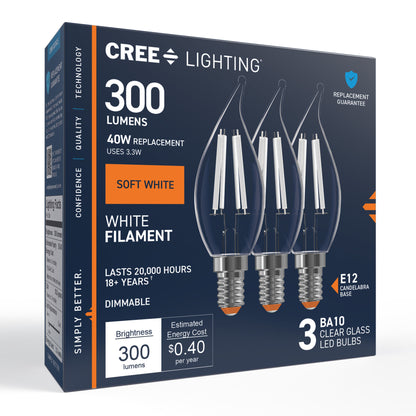 40W Replacement BA10 White Filament Soft White Candelabra E12 Base Dimmable LED Light Bulb (3-Pack)