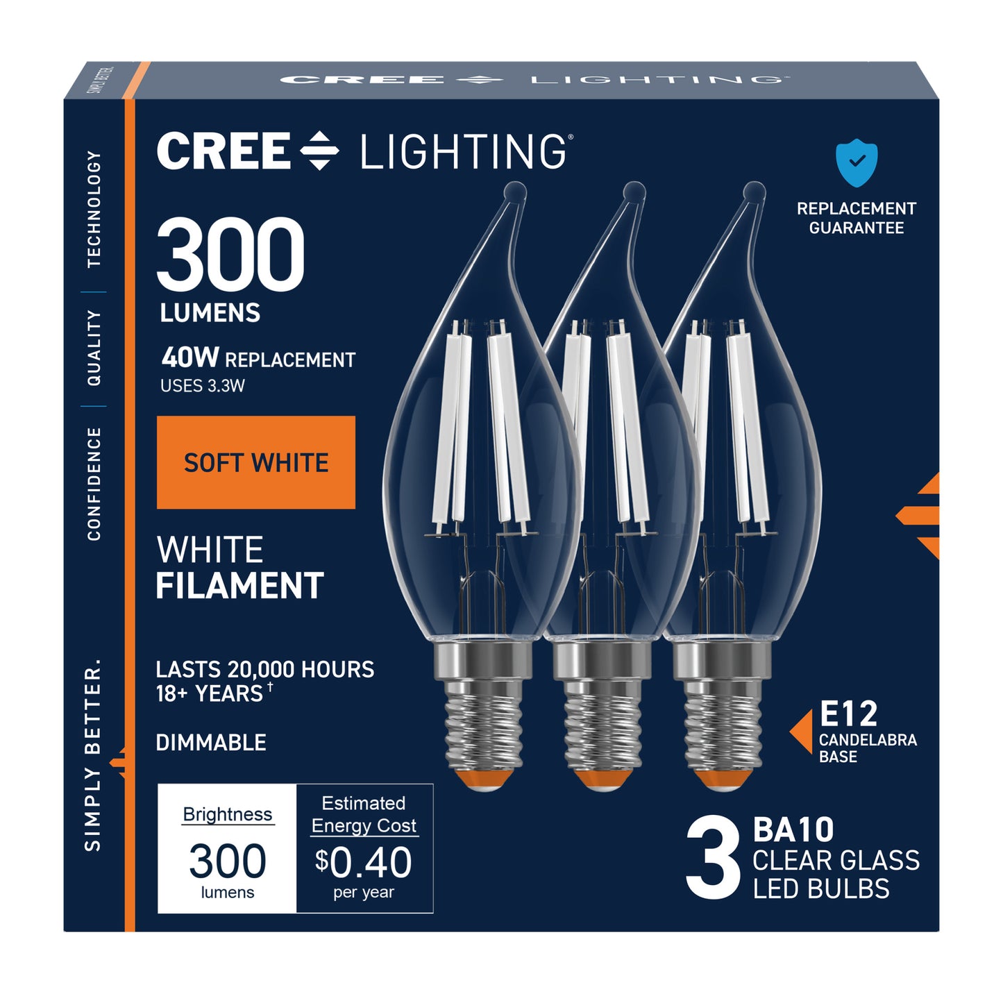 40W Replacement BA10 White Filament Soft White Candelabra E12 Base Dimmable LED Light Bulb (3-Pack)