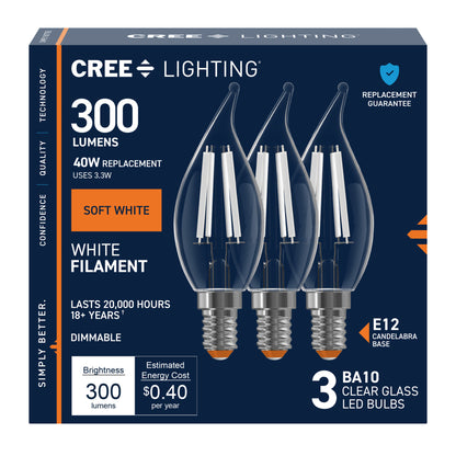 40W Replacement BA10 White Filament Soft White Candelabra E12 Base Dimmable LED Light Bulb (3-Pack)