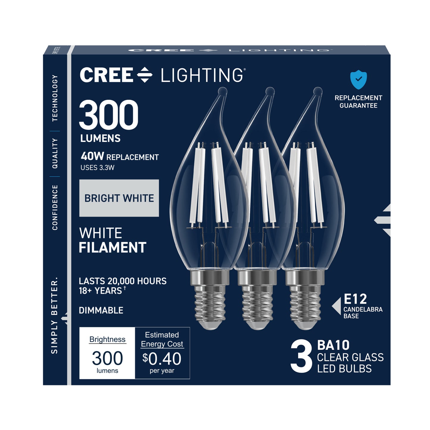 40W Replacement BA10 White Filament Bright White Candelabra E12 Base Dimmable LED Light Bulb (3-Pack)