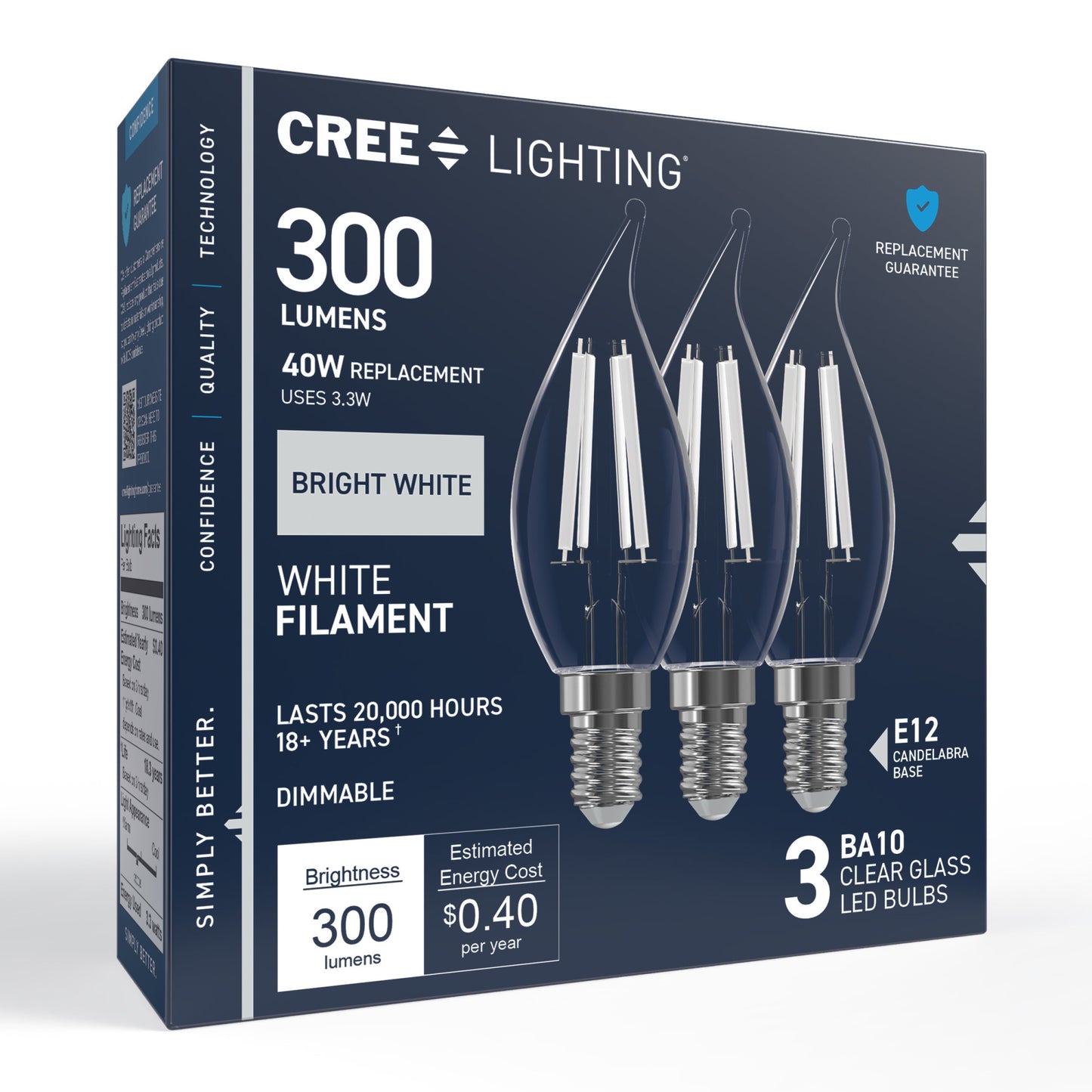 40W Replacement BA10 White Filament Bright White Candelabra E12 Base Dimmable LED Light Bulb (3-Pack)