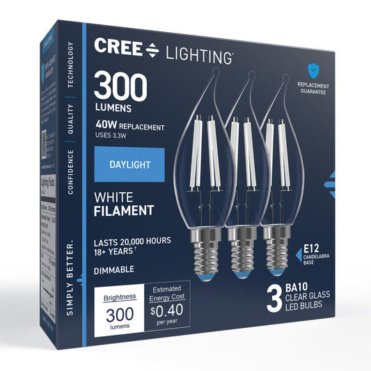 40W Replacement BA10 White Filament Daylight Candelabra E12 Base Dimmable LED Light Bulb (3-Pack)