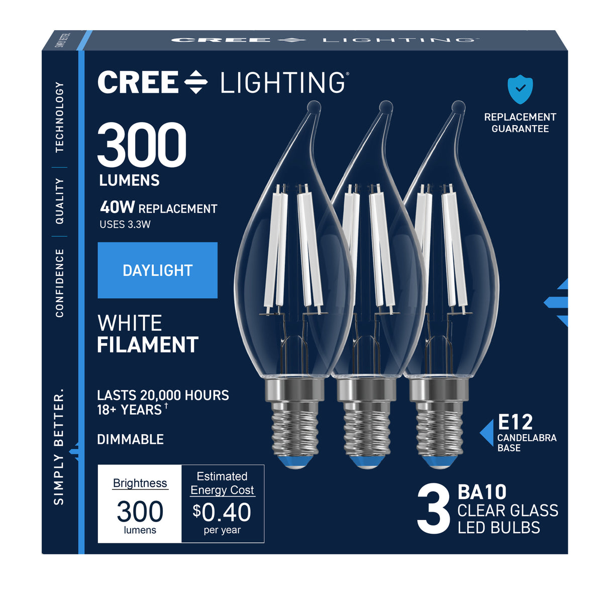 40W Replacement BA10 White Filament Daylight Candelabra E12 Base Dimmable LED Light Bulb (3-Pack)