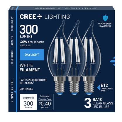 40W Replacement BA10 White Filament Daylight Candelabra E12 Base Dimmable LED Light Bulb (3-Pack)