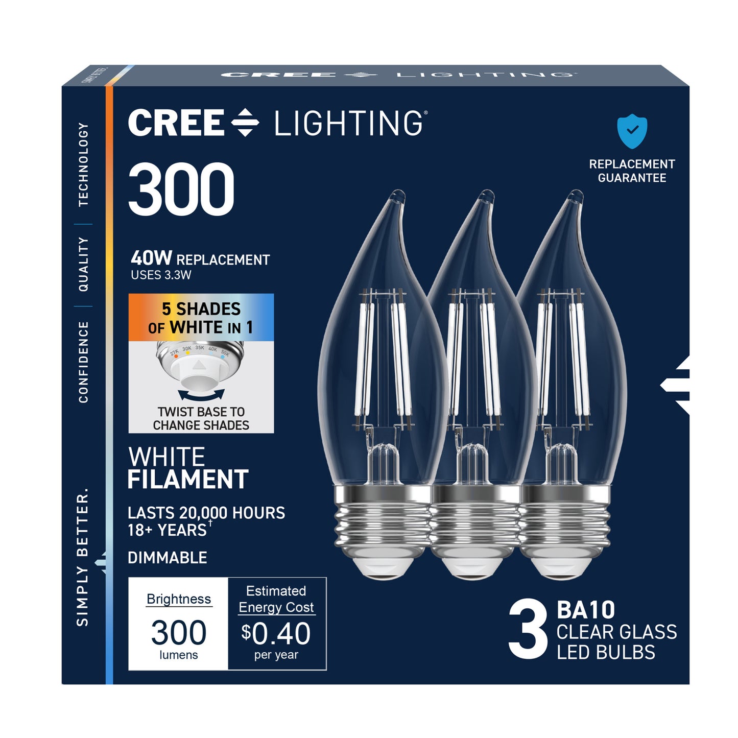 40W Replacement BA10 White Filament Switchable White Medium E26 Base Dimmable LED Light Bulb (3-Pack)