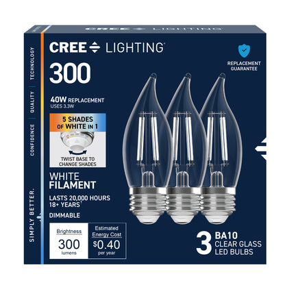 40W Replacement BA10 White Filament Switchable White Medium E26 Base Dimmable LED Light Bulb (3-Pack)