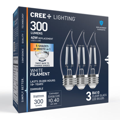 40W Replacement BA10 White Filament Switchable White Medium E26 Base Dimmable LED Light Bulb (3-Pack)