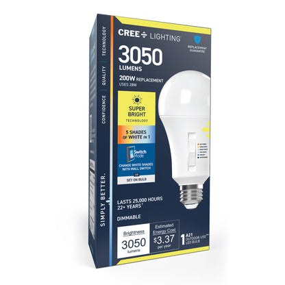 200W Replacement A21 Super Bright 5 Shades + Switch Mode Medium E26 Base Dimmable LED Light Bulb