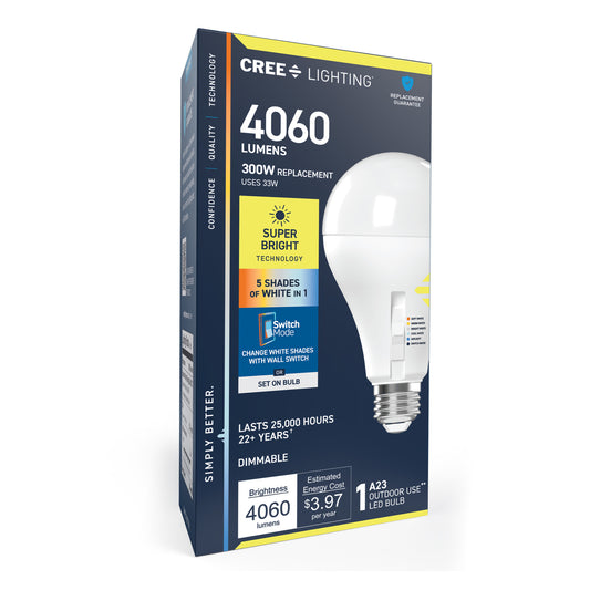 300W Replacement A23 Super Bright 5 Shades + Switch Mode Medium E26 Base Dimmable LED Light Bulb
