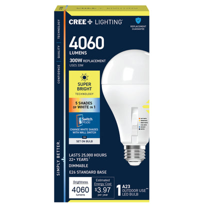 300W Replacement A23 Super Bright 5 Shades + Switch Mode Medium E26 Base Dimmable LED Light Bulb