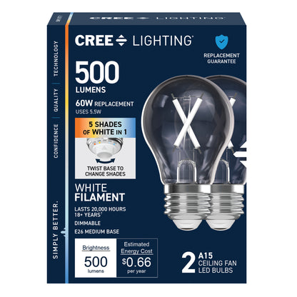 60W Replacement A15 White Filament Switchable White Medium E26 Base Dimmable LED Light Bulb (2-Pack)