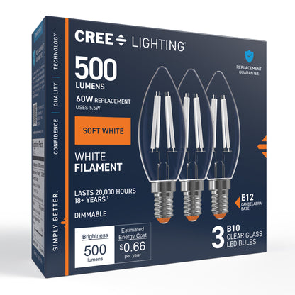 60W Replacement B10 White Filament Soft White Candelabra E12 Base Dimmable LED Light Bulb (3-Pack)