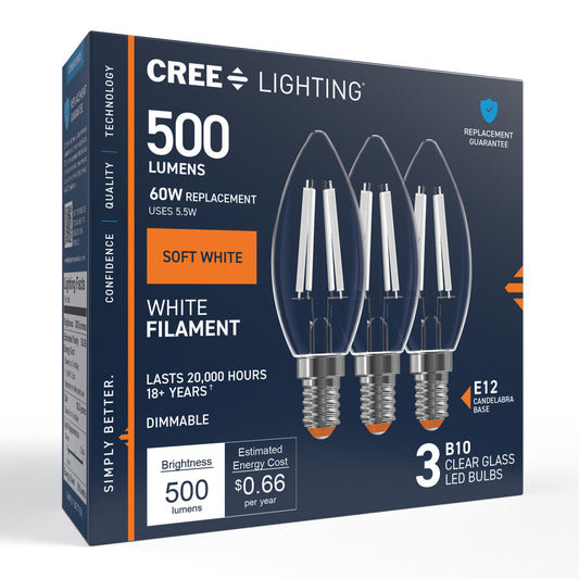 60W Replacement B10 White Filament Soft White Candelabra E12 Base Dimmable LED Light Bulb (3-Pack)