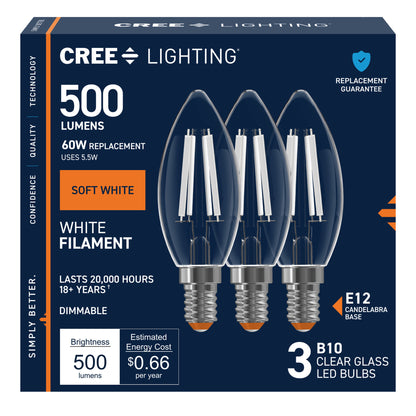 60W Replacement B10 White Filament Soft White Candelabra E12 Base Dimmable LED Light Bulb (3-Pack)