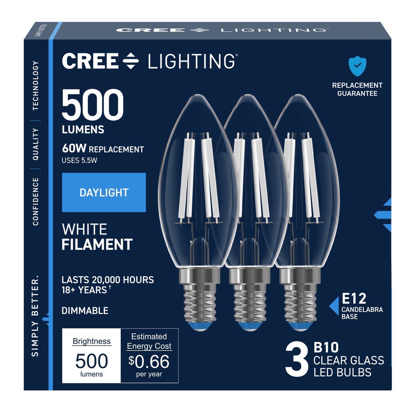 60W Replacement B10 White Filament Daylight Candelabra E12 Base Dimmable LED Light Bulb (3-Pack)